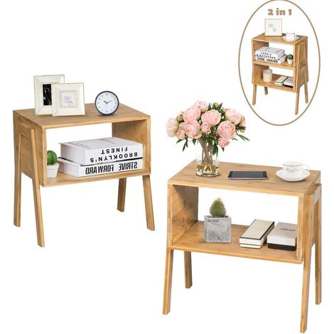 Set di 2 Comodini in bambu a 2 Ripiani Organizzatore da Letto Tavolino Divano da Salotto, Colore Legno, 43x29x42cm (1/5)