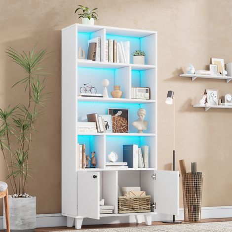 Bibliothèque blanche 80x30x173 cm, meuble de rangement en bois massif, étagères multiples, 2 portes, éclairage LED multicolore intégré, commande via appli, style minimaliste (1/5)