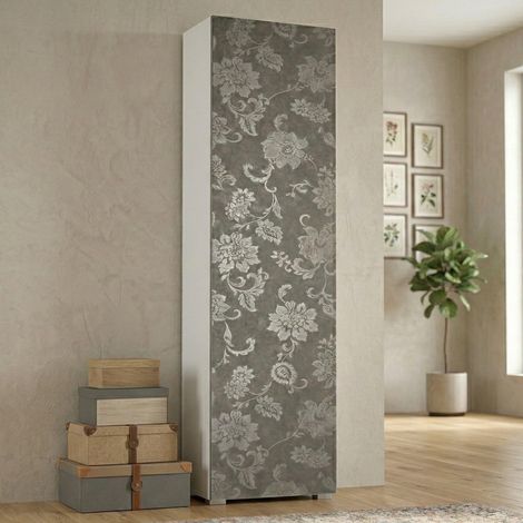Armoire polyvalente Fiordaliso, Armoire linéaire avec 1 porte et 7 étagères, Colonne pour entrée ou salle de bain, Étagère à chaussures moderne, 50x30h182 cm, Orme et motif (1/5)