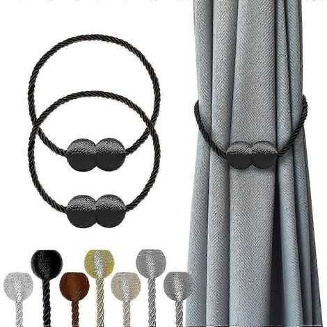 Lot de 2 embrasses magnétiques noires en corde de polyester robuste avec aimants puissants nickelés, pour la maison, la chambre, le bureau et l'extérieur. (1/5)