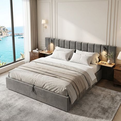 Audreamy Luxe Hydraulic Storage Bed Ottoman Bed Grey Velvet King (1/5)