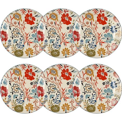 Lot de 6 assiettes plates florales en grès 27cm, JAIPUR (1/4)