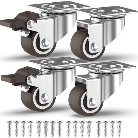 4 Roulettes Pivotantes Pour Meubles dont 2 avec Frein + Vis - 25mm Jusqu'à 40KG - Mini Roulette Sans Traces au Sol pour Charge Lourde - Roue en Caoutchouc pour Chariot- Argentées (1/5)