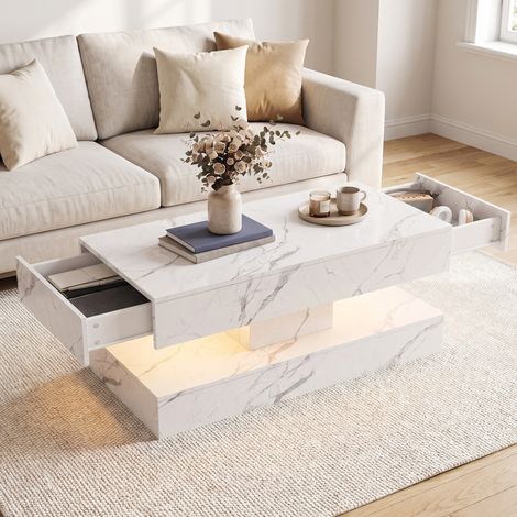 Table basse fixe 100x50x45 cm avec éclairage LED RGB et 2 tiroirs, effet marbre brillant, style moderne, Blanc