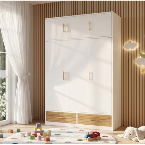 Armadio a 3 ante 120x50x180 cm con asta appendiabiti, ripiani, 2 cassetti e vano superiore, in MDF bianco. (1/5)