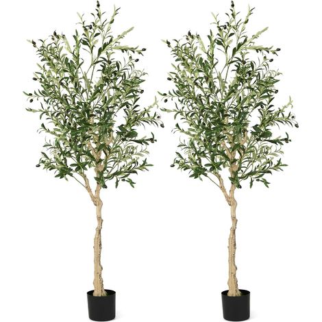COSTWAY Set da 2 Alberi di Ulivo Artificiali 180 cm, Piante Finte di Ulivo con Vaso in Plastica, 1296 Foglie e 72 Frutti, Piante da Interno in Vaso, Verde Realistico per Decorazioni Domestiche