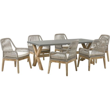 Set da Esterno con Tavolo in Cemento Sintetico Grigio e beige 6 Sedie in Vimini Olbia
