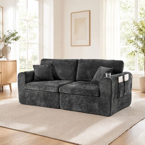 Divano relax a 2 posti 220x100x89 cm, salvaspazio con porta bevande e tasca laterale, ricarica USB, chenille nero (1/5)