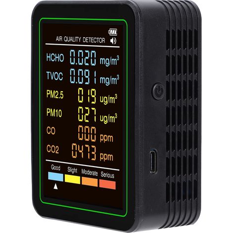 Détecteur de qualité d'air 6 en 1 noir, analyse CO, CO2, TVOC, HCHO, PM2.5 et PM10, capteur infrarouge, écran LCD couleur, portable pour la maison (1/5)