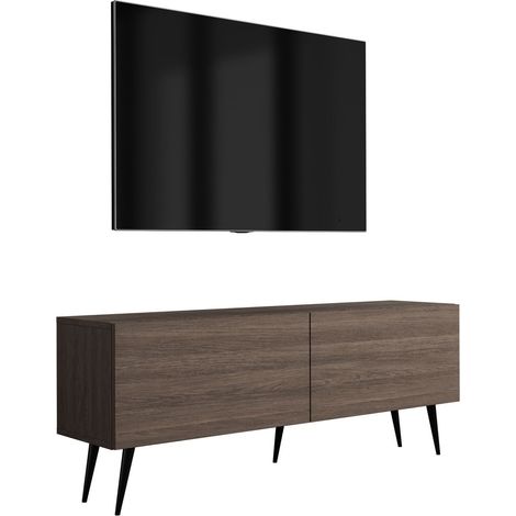 Meuble TV sur pieds 140 cm, 2 portes, Noir, pieds inclinés noirs, 140 x 32 x 52 cm (1/5)