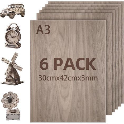 Set mit 6 Platten 3 mm starkem Sperrholz – 30 x 42 cm – Lasergeschnitten – A3-Lindenholz-Sperrholz – Für Lasergravur, CNC-Schneiden, Lackieren und DIY-Projekte