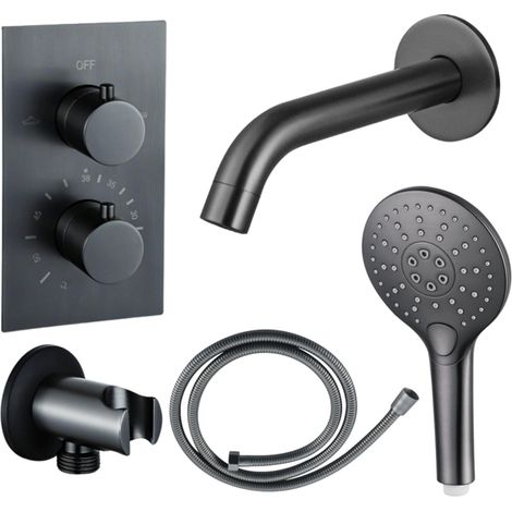 FugaFlow Eccelente Ensemble robinet de baignoire Acces - bec - 22cm raccourcissable - flexible métallique - douchette ronde - corps encastré - support