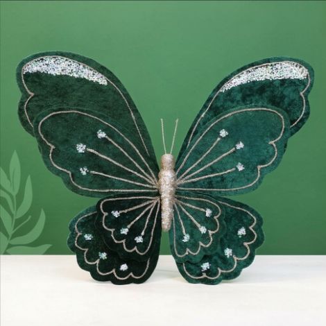 Papillon décoratif velours vert sapin 40×35 cm, ornement élégant à paillettes pour décoration de Noël (1/3)