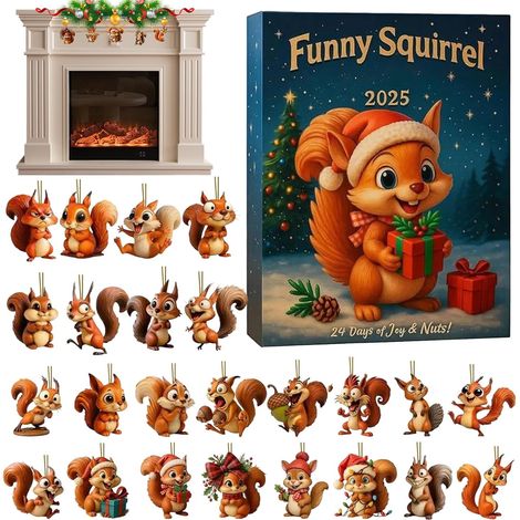 Calendrier de l'Avent 2D plat souvenir 24 jours écureuil, boîte surprise, décoration sapin de Noël, pendentif acrylique (1/5)