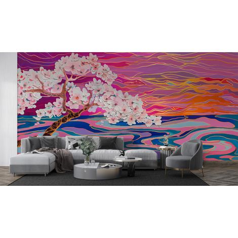 Papier peint nature - cerisier en fleurs rose vif et vagues abstraites - 150 x 250 cm (1/2)