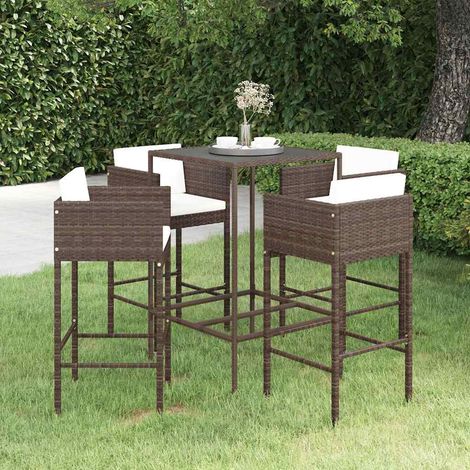 Ensemble Table de bar + 4 Chaises de bar de jardin et coussins - Table Haute avec 4 Tabourets Résine tressée Marron BV522085 - BonneVie (1/5)