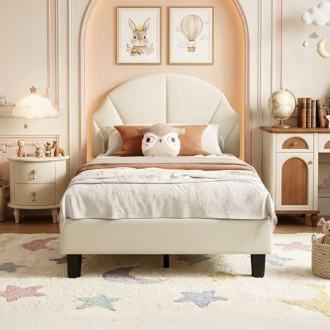 Cama Infantil Niña Princesa 90x200 cm, Cama Individual Tapizada en Terciopelo con Cabecero Concha Ajustable y Somier de Láminas - Beige