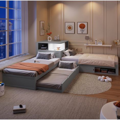 Cama plataforma 90x200 con cama nido, almacenaje deslizante y luz nocturna, gris OKMYHOME (1/5)