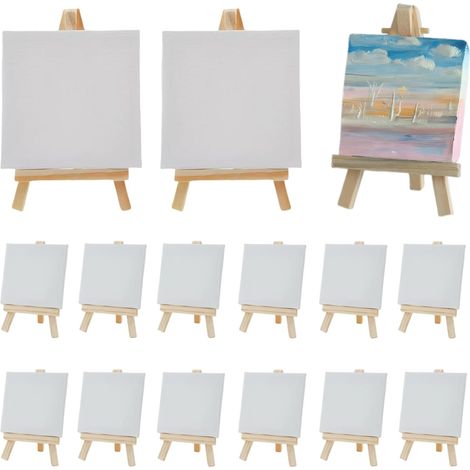 Lot de 12 Mini Chevalets Toiles, Kit pour Peinture, Dessin, Bricolage, Décoration de Table, Chevalet de Table, 10x10 CM Mini Toile avec Chevalet en Bois 8x15 CM, Support Trépied Pliable (1/5)