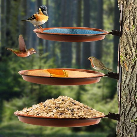 Bac À Oiseaux - Support En Acier Robuste Pour Arbre Clôture Mur Intérieur Extérieur - Capacité Élevée - Brun Foncé - Lot De 3 (1/4)