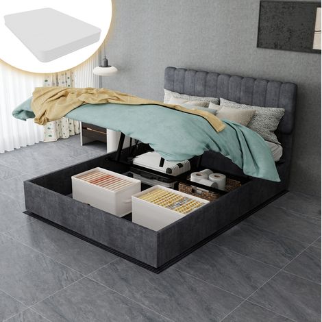 Cama moderna tapizada en tela gris 140x200 cm con cabecero alto y colchón incluido (1/5)