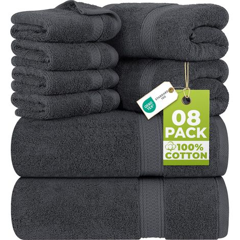 Serviette De Bain - Coton Peigné Épais 600 G M2 - Pour Salle De Bain Spa Hôtel - Lot De 8 Pièces 2 Grandes 2 Moyennes 4 Petites (1/5)