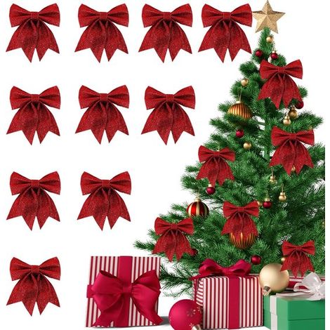 10 lazos navideños，Arcos rosas para árbol de Navidad，Decoraciones para árbol de Navidad，Adornos para árbol de Navidad，12×15 cm，Rojo (1/5)