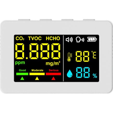 Sensor electroquímico de formaldehído, detector de calidad del aire, analizador de HCHO, TVOC y CO2, dispositivo de medición de temperatura y humedad de alta precisión con alarma sonora. (1/5)