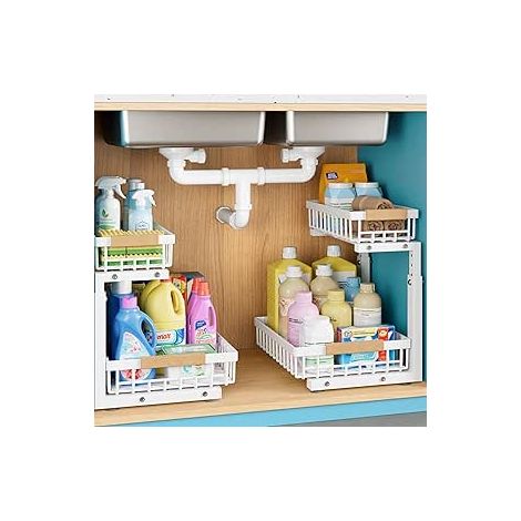 Lot de 2 organiseurs de rangement sous évier en métal à 2 niveaux - Rangement coulissant et organisation de cuisine multifonction pour cuisine, salle de bain (blanc) (1/5)