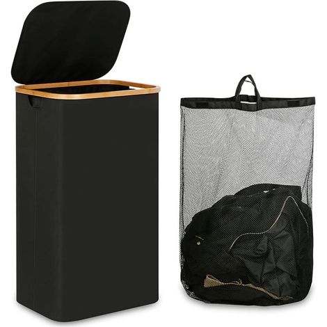 Panier à linge avec couvercle, pliable, sac intérieur amovible, convient aux chambres et salles de bains, noir. (1/4)