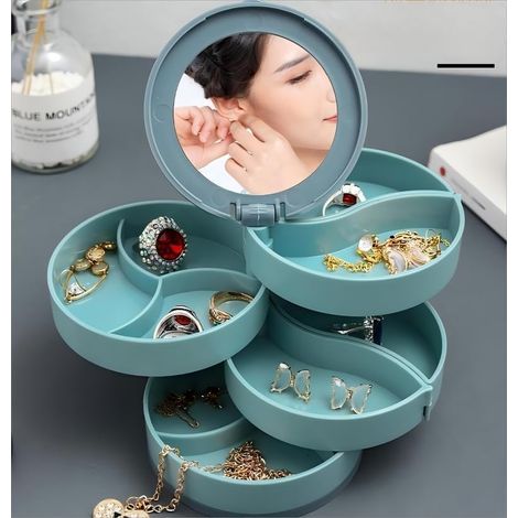 Boîte à bijoux rotative, bleue, 101010cm, avec miroir, idéale pour ranger bracelets, bagues et boucles d'oreilles. (1/5)