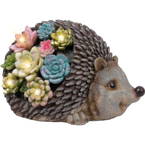 Décorations de jardin hérisson d'extérieur avec lumières solaires, statues de plantes succulentes en résine imperméable pour la décoration de terrasse, pelouse et jardin, 21 cm (1/5)
