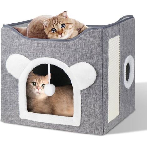 Ecleanfy - AIMOONSA Maison/Niche pour Chat pliable 2 niveaux Gris avec 2 coussins lavables, griffoir et boule