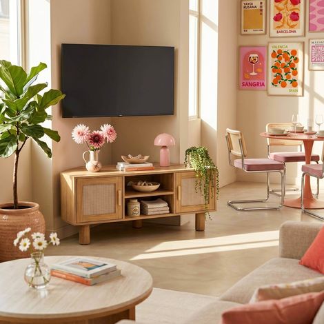Meuble TV d'angle 120cm en rotin synthétique scandinave bois clair (1/5)
