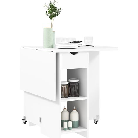 Table à manger pliante 2-4 personnes blanche, avec rangement, extensible sur roulettes