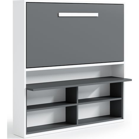 Lit escamotable horizontal 90x190 avec rangement et bureau Laura-Avec matelas-Coffrage Blanc-Façade Carbone (1/5)