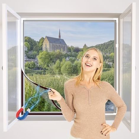 DIY Insektenschutz Magnetfenster,Max 100 x 130 CM,Magnet Rahmen für Fliegengitter Fenster Mückengitter,Fliegenschutz Insektenschutzgewebe Zuschneidbar(weiß Rahmen graue Netz) (1/5)