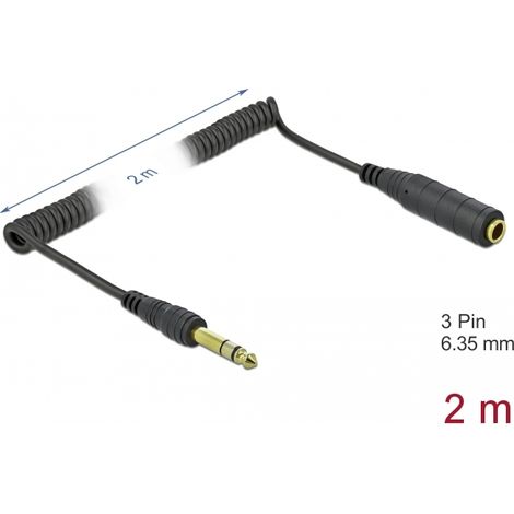 Delock ExtensiÃ³n de cable en espiral de 3 pines 6,35 mm conector estÃ©reo macho a conector estÃ©reo hembra 2 m negro