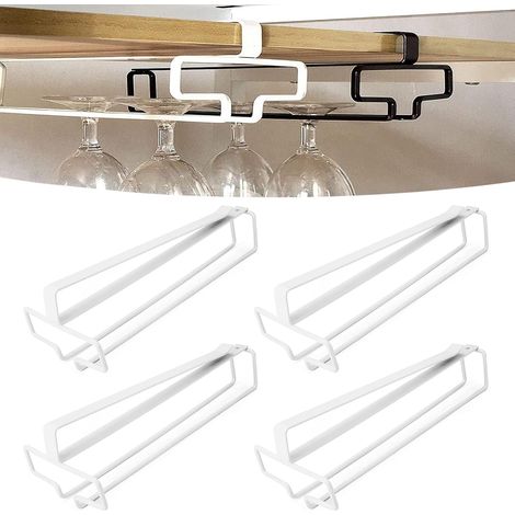 Set of 4 Hanging Wine Glass Holder for Wine Glass  Glass Holder with Base Hanging without Drilling Storage Glass Under Cabinet Metal Rail for Shelf Kitchen Coffee Bar White (1/5)