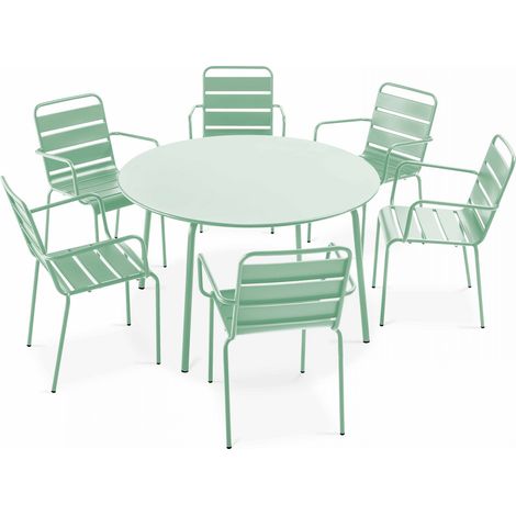 Ensemble table de jardin ronde et 6 fauteuils acier vert sauge - Palavas