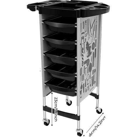 Chariot de coiffure, tiroirs extensibles, roues universelles, noir (1/2)