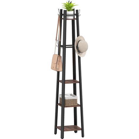 Porte-manteau sur pied vestiaire de rangement, 8 crochets et 4 étagères, métal et bois marron style industriel pour entrée (1/5)