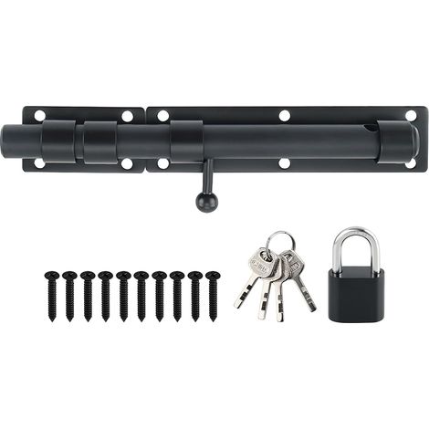 Loquet Porte Exterieur Verrou Porte Coulissante avec Cadenas et 4 Clés, Verrou Portail Robuste en Acier Inoxydable, 230MM Longueur, Noir Mat, EMST8100-B (1/5)