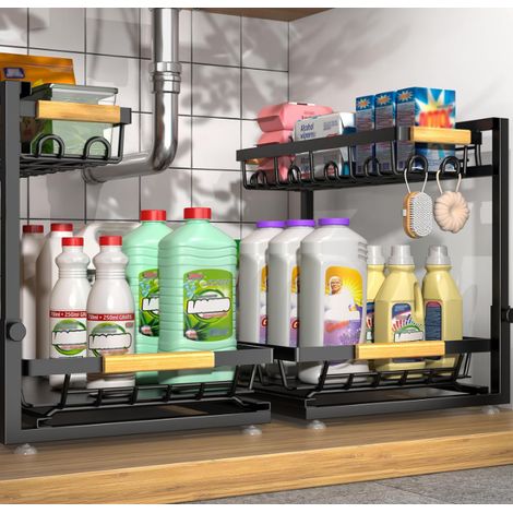 Two-piece double-layer height storage rack for kitchen sinks, adjustable floor-standing cabinet pull-out basket for household countertop condiment storage. (1/5)