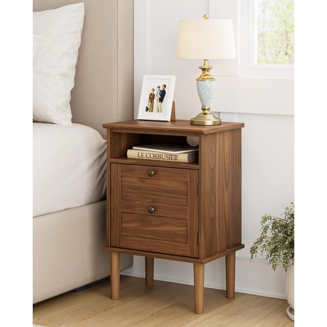 Walnut Bedside Table, Coffee Table, Rustic Vintage Table with 1 Drawer and 1 Open Space Container for Bedroom, Living Room, Walnut Brown (1/5)
