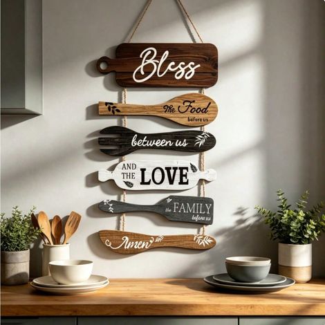 Panneau mural suspendu en bois rustique, plaque en bois en forme de fourchette et cuillère avec impression de texte, décoration murale suspendue pour cuisine et salle à manger style ferme (1/3)