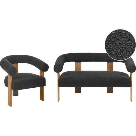 Sofa Set Black and Dark Brown 2 Seater Armchair Boucle Upholstery Retro Design Wooden Legs Living Room ILBRO (1/5)