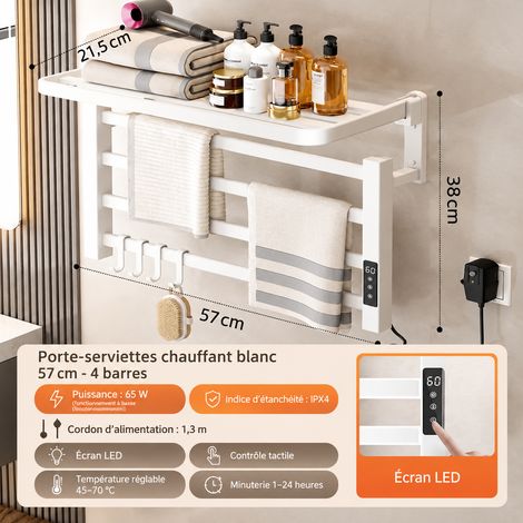 Sèche-Serviettes Électrique Blanc lune affichage numérique 4 barres câble à droite 57cm Porte-Serviettes Chauffant Mural Salle de Bain 50 kg 1 kg – Livraison gratuite (1/5)
