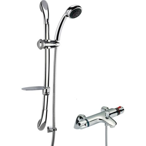 Thermostatic Bath Shower Mixer Tap & Luxury Curved Slide Rail Kit Bundle - Chrome - Balterley