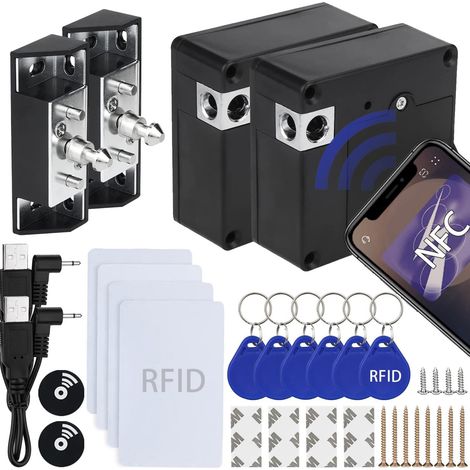 Lot de 2 verrous électroniques RFID invisibles pour armoire, coffre, tiroir, placard, refroidisseur de vin ou boîte à outils (1/5)